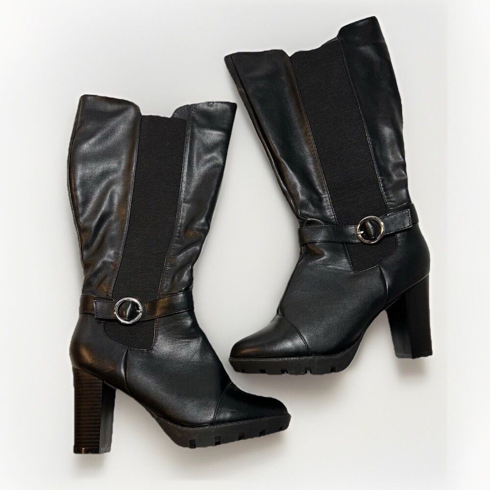 Ashley Stewart Black Leather Heel Boots Women’s 10W